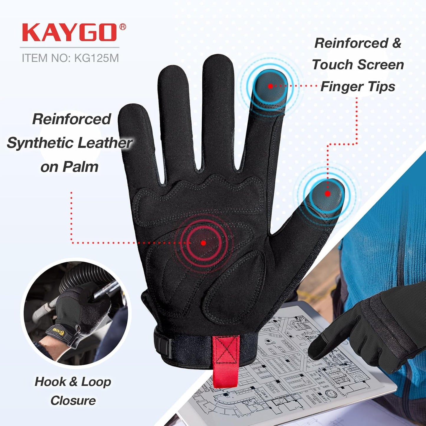 KAYGO Work Gloves For Men, 3 Pairs KG125M Mechanic Utility Work Gloves for All Purpose, Excellent Grip, Heavy Duty, Improved Dexterity, Touch Screen,Black,Medium