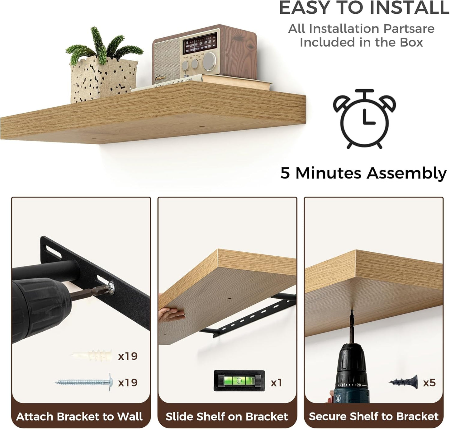 Floating Shelves - 2 Large Wall Mounted Shelves with Invisible Brackets, Long Wood Floating Wall Shelf for Living Room, Bedroom, Kitchen (Oak, 36" W x 9" D x 1.5" H)