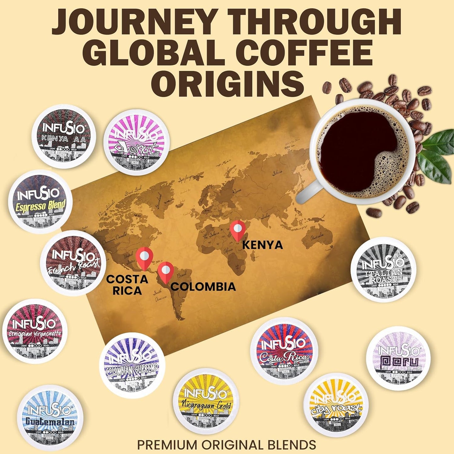 InfuSio Coffee Pods 96 Count Guatemalan Medium Light Roast Single serve Coffee pods for Keurig K Cup® Brewers - InfuSio Premium Roasted Keurig 2.0 Compatible