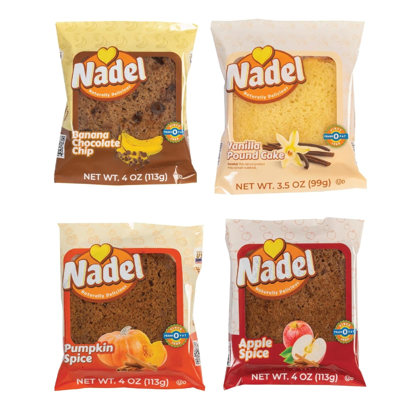 Nadel - Naturally Delicious Sweet Breads Variety Pack (Banana Chocolate Chip, Vanilla Pound Cake, Apple Spice, Pumpkin Spice). (8 Pack, 2 Breads Per Flavor)