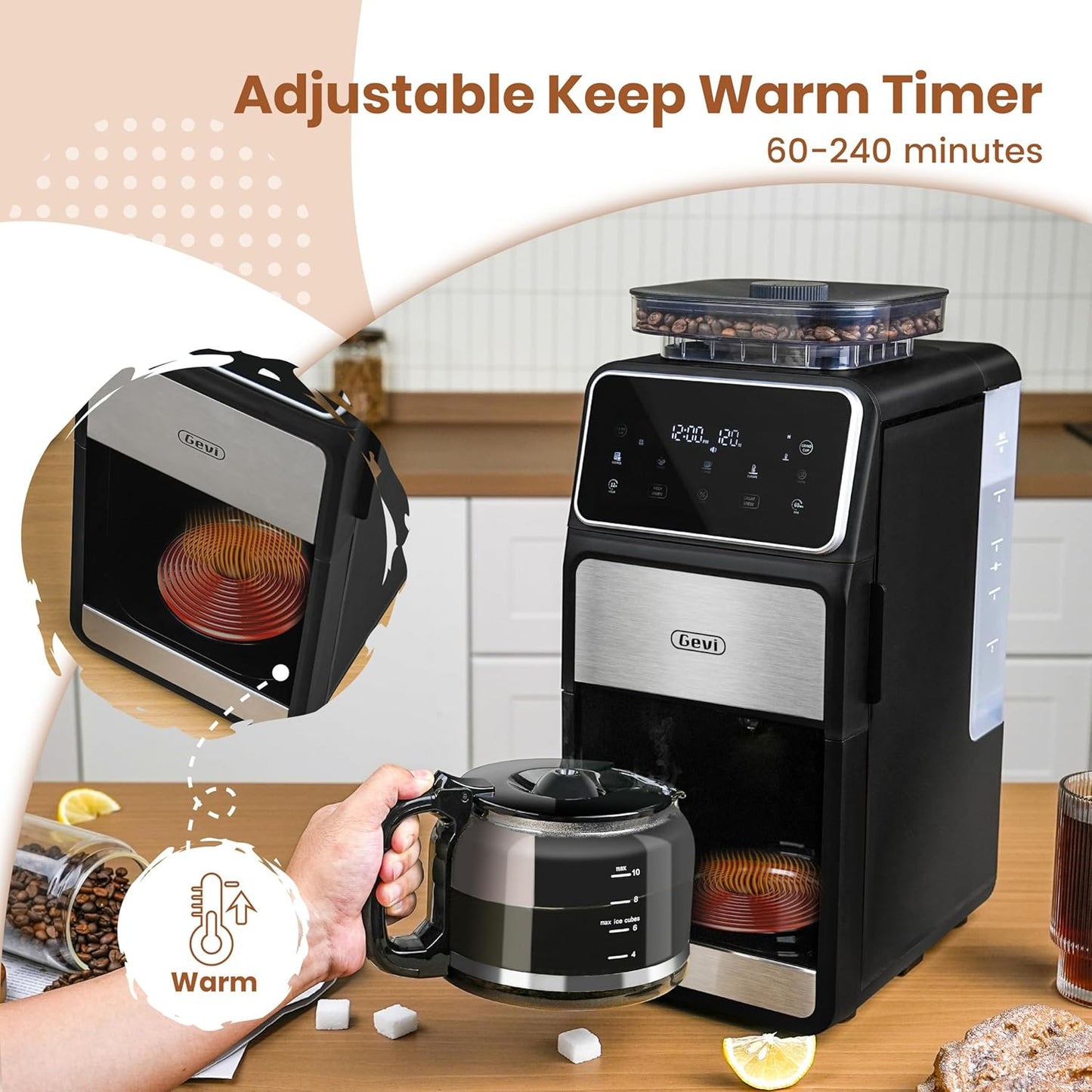 Gevi 10 Cup Drip Coffee Maker with Built-in Grinder, Grind ＆ Brew Burr Combo Coffee Machine with Touch Screen, Programmable, 4-Hour Warm Plate, Permanent Filter, Coffee Carafe