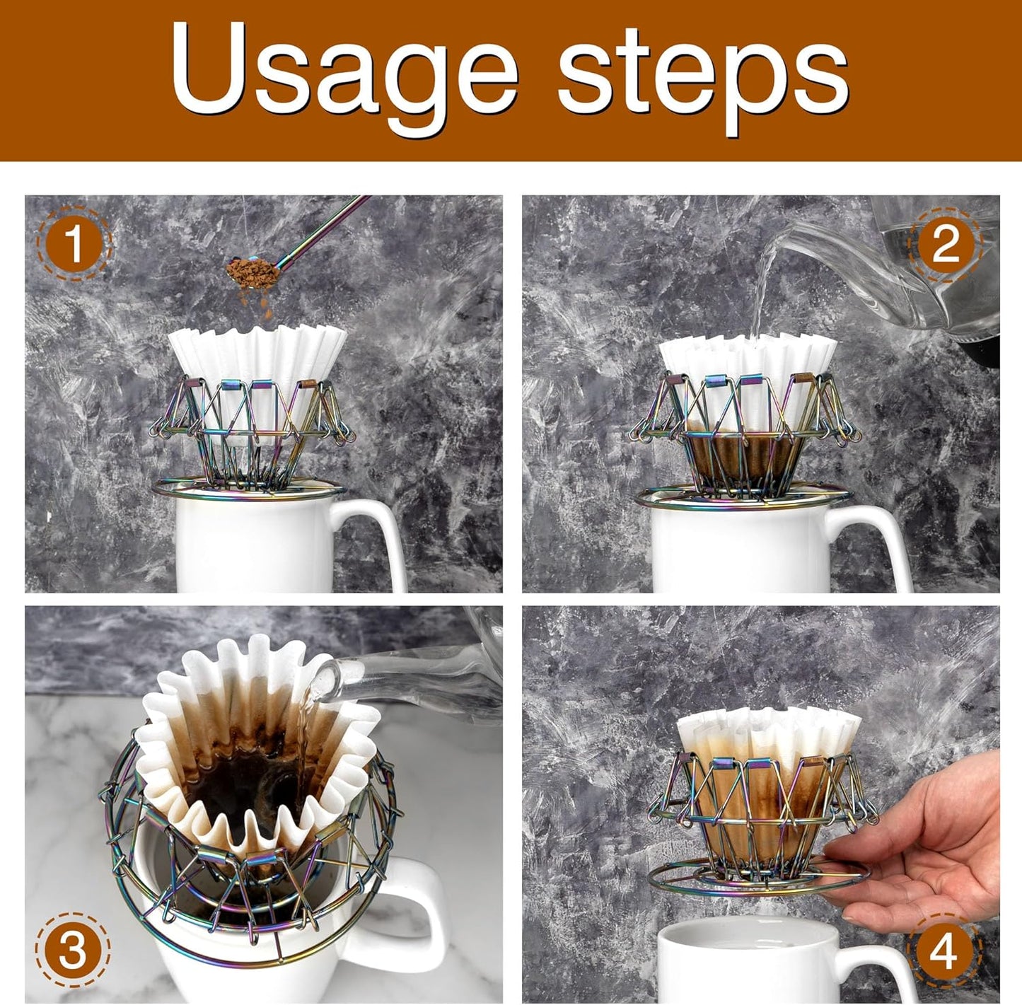 Vibrant Stainless Steel Coffee Dripper, Collapsible Portable Pour Over Filter Holder Reusable Design for Cafe Filters and 60-Degrees Tapered Filters (Colorful)