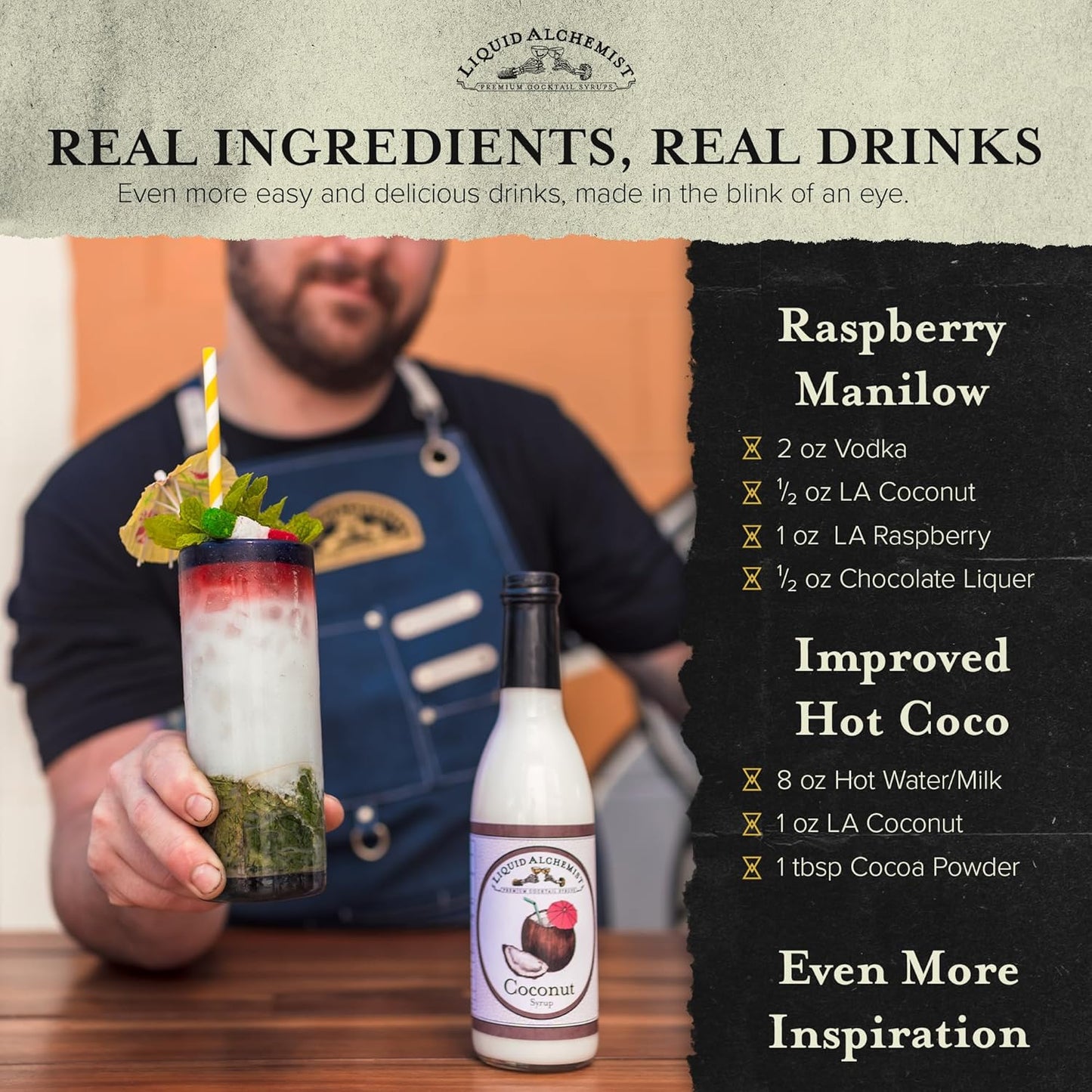 Liquid Alchemist Coconut Syrup for Drinks - Real Ingredients Make our Cream of Coconut Syrup a Perfect Pina Colada Drink Mix - Tropical Flavoring for Drinks - Vegan & Non-GMO (12 oz)