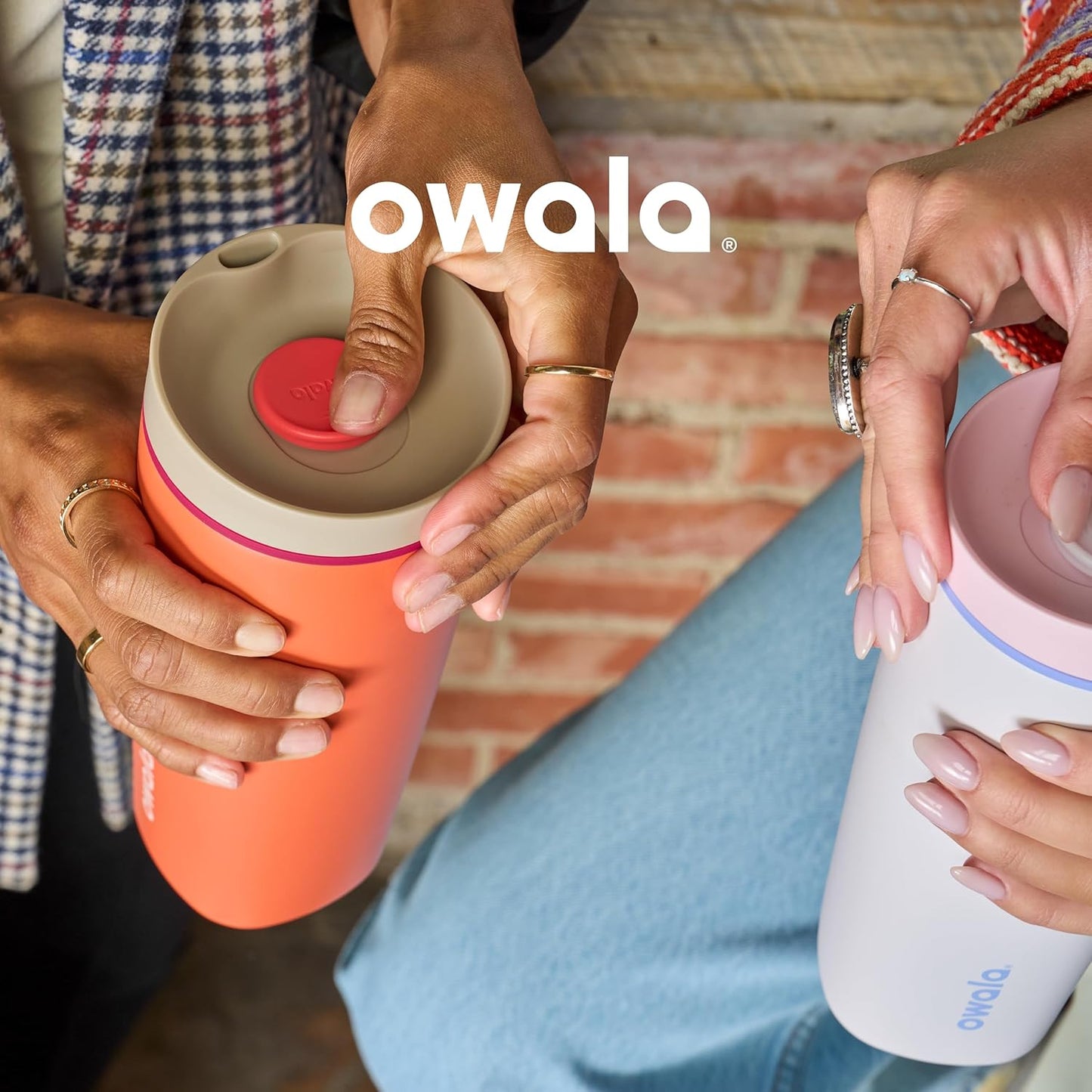 Owala SmoothSip Slider Insulated Stainless Steel Coffee Tumbler, Reusable Iced Coffee Cup, Hot Coffee Travel Mug, BPA Free 20 oz, Tan/White (Vanilla Bean)