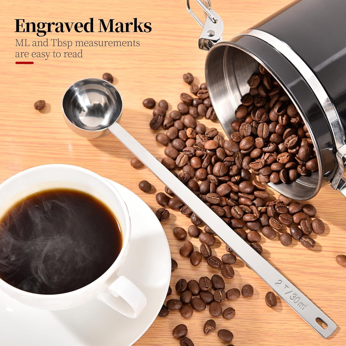 Long Handle Coffee Scoop, 18/8 Stainless Steel Food Grade Measuring Spoon for Coffee Beans Powders Sugar, 10.2in Long Metal Scoop Tablespoon for Easy Container Reach (2tbsp/ 30ml)
