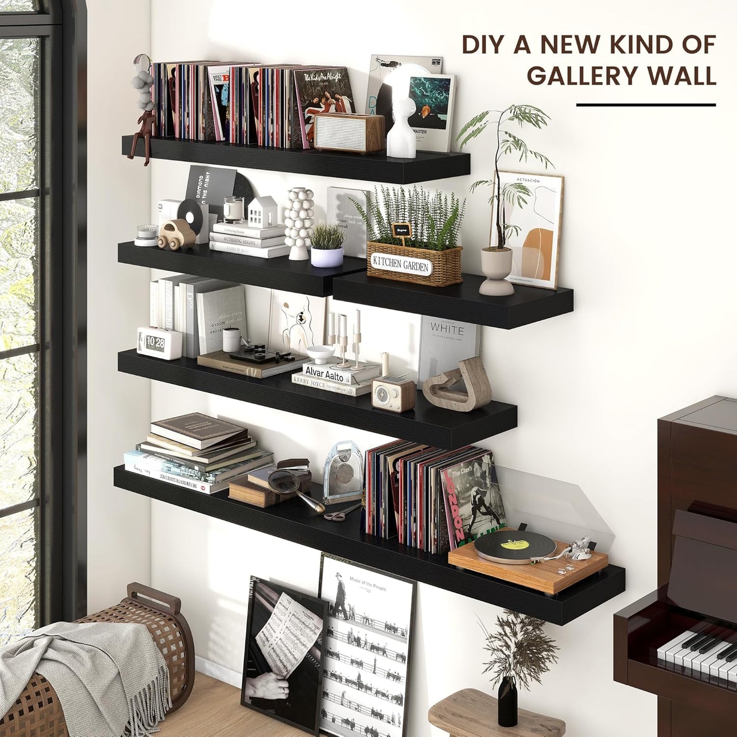 Floating Shelves - 2 Large Wall Mounted Shelves with Invisible Brackets, Long Wood Floating Wall Shelf for Living Room, Bedroom, Kitchen (Black, 24" W x 9" D x 1.5" H)