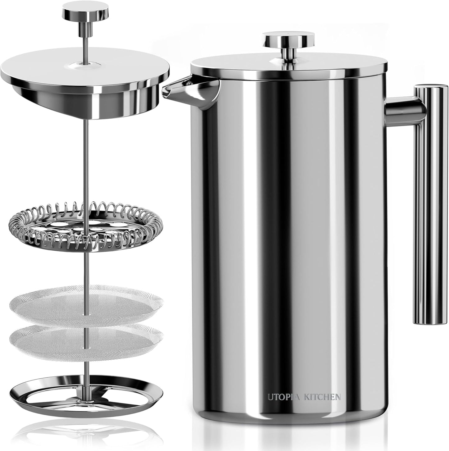 Utopia Kitchen French Press Coffee Maker, Double Wall Insulated Stainless Steel Coffee Press with 4-Level Filtration system, Includes 2 Extra Filters, Rust-Free, Dishwasher Safe (Silver, 17 Ounce)