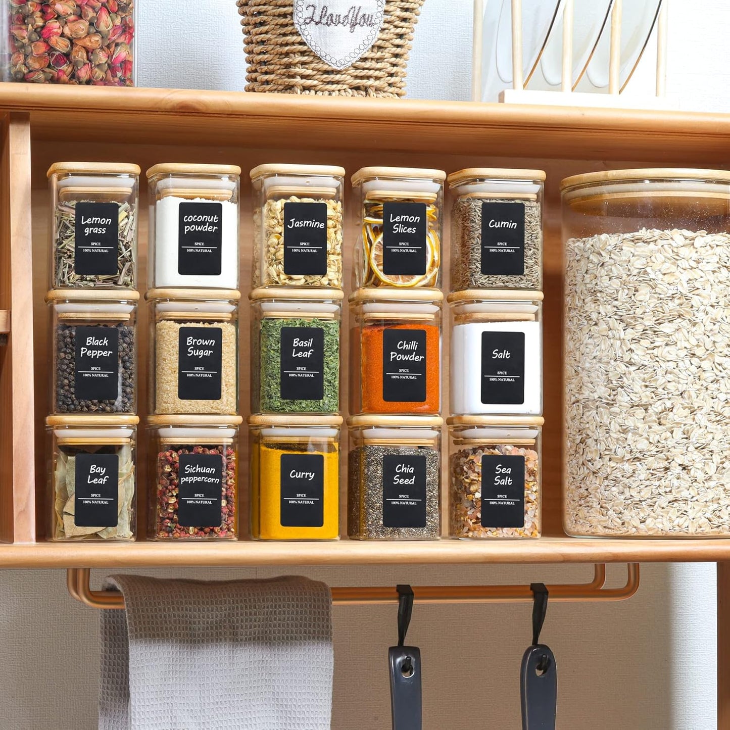ComSaf 16Pcs Glass Spice Jars with Bamboo Lid, 6oz Airtight Square Containers with 275 Black Lables, Empty Seasoning Jars for Salt Sugar