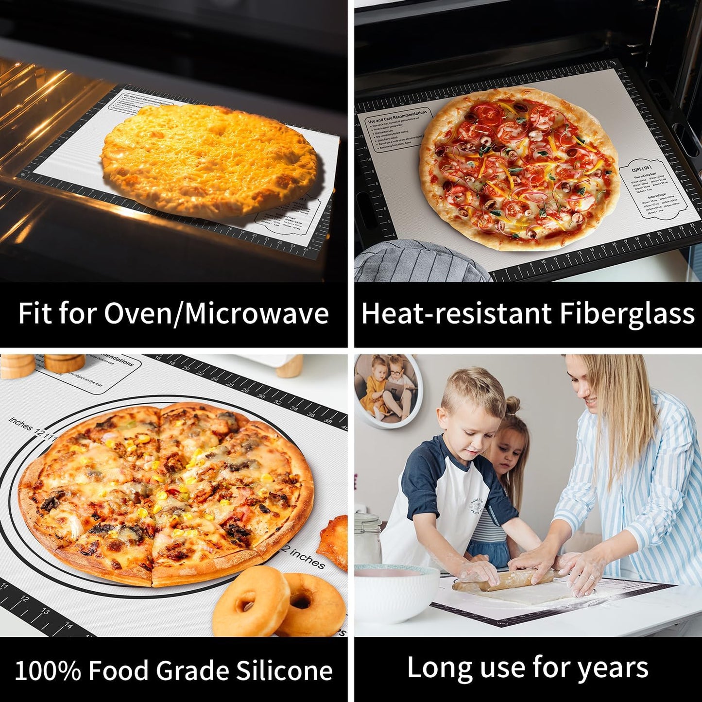 Silicone Pastry Mat for Dough Rolling, Non Stick Silicone Mat for Baking Bread, Pizza, Cookies, Macaron, Silicone Baking Mats with Measurements, Non-slip and Reusable Silicone Mat for kitchen Counter
