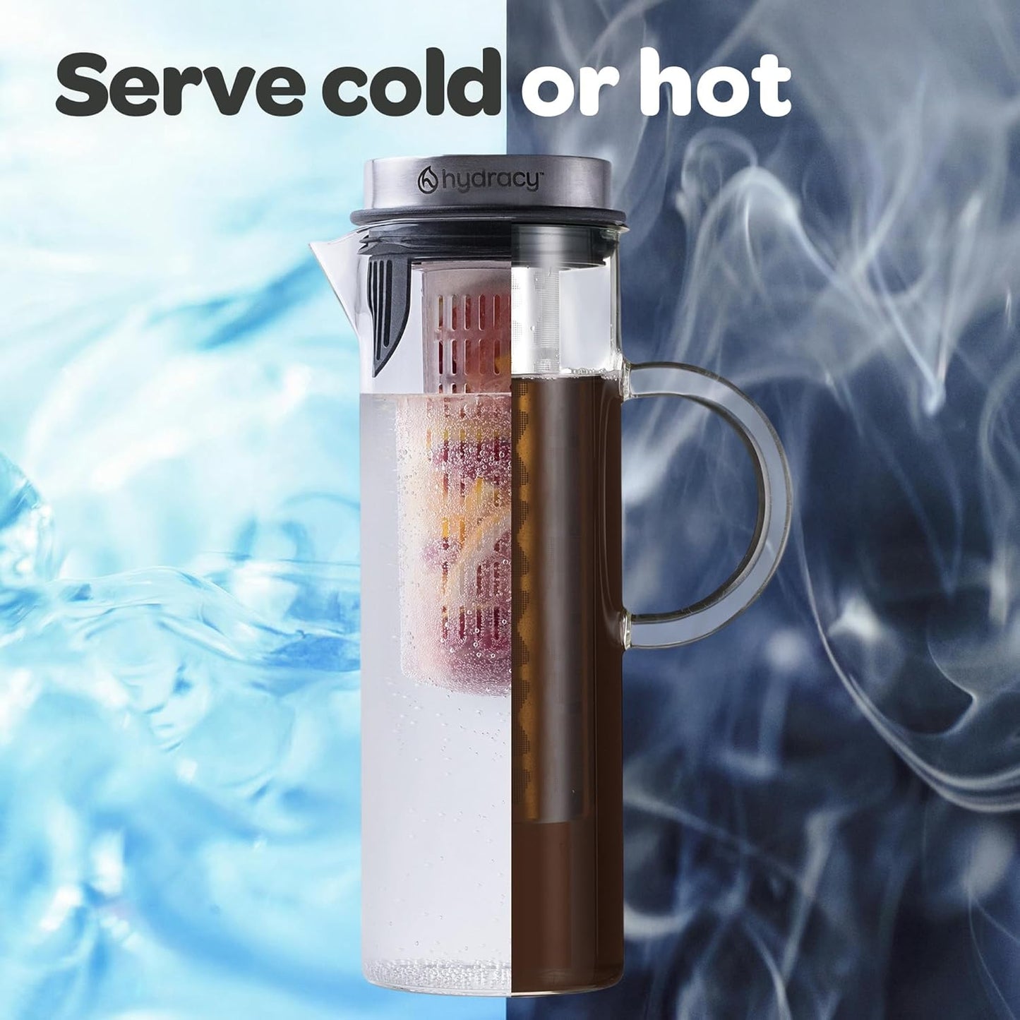 Cold Brew Coffee Maker - Large Glass Infusion Pitcher 1.6 Quarts 52oz - Iced Coffee & Iced Tea Pitcher with Stainless Steel Lid & Fruit Infusion Tube - Perfect for Home or Office