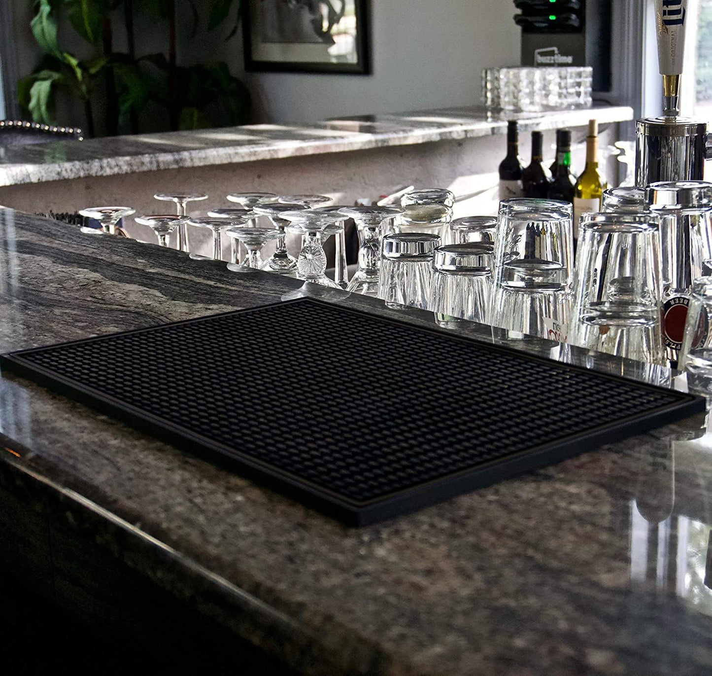 Highball & Chaser Premium Bar Mat 18in x 12in 1cm Thick Durable and Stylish Service Bar Mat for Spills, Coffee, Bars, Restaurants and Countertop Dish Drying Mat, Glass Drying Mat (Black/Black Border)