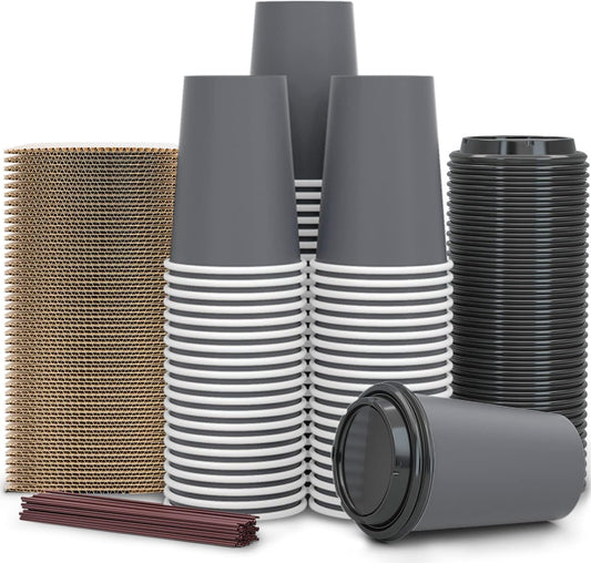 【100 Pack - 12 oz Disposable Coffee Cups To Go with Lids Sleeves and Straws 100% Biodegradable & Compostable Pla Eco Friendly Paper Coffee Cups for Tea Coffee Hot Chocolate