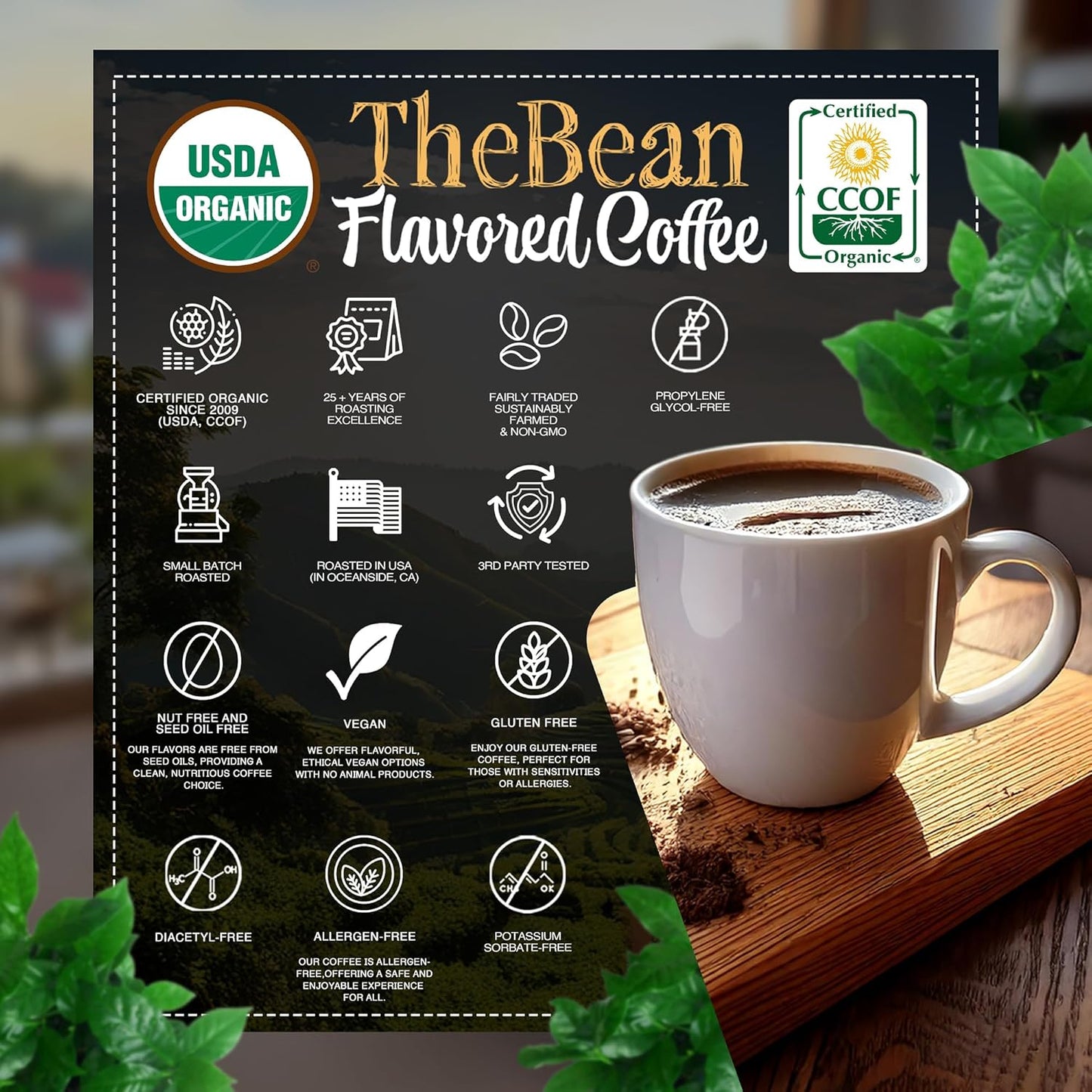 The Bean Organic Coffee Company Water Processed DECAF Chocolate Macadamia Nut, Medium Roast, Whole Bean Coffee, 16-Ounce Bag
