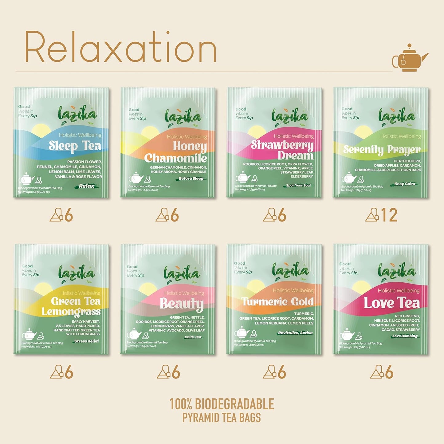 Lazika Herbal Tea Variety Pack with Lovely Presentation Box, 54 Counts, Relaxation Tea Assortment Gift Set, Premium Collection with Pyramid Infuser Bag, Handcrafted