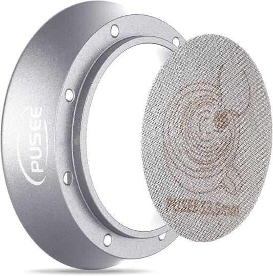 PUSEE Espresso Dosing Funnel & Puck Screen, Magnetic Coffee Dosing Ring Aluminum Metal, Reusable 1.7mm Thickness 150m Espresso Puck Screen 316 Stainless Steel Fits 51mm Portafilter