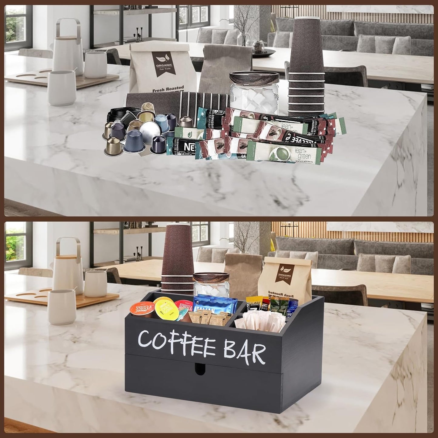 Coffee Station Organizer, Wood Coffee Bar Accessory with Drawer, K Cup Condiment Organizer & Pod Holder (30x20x16cm) - Black