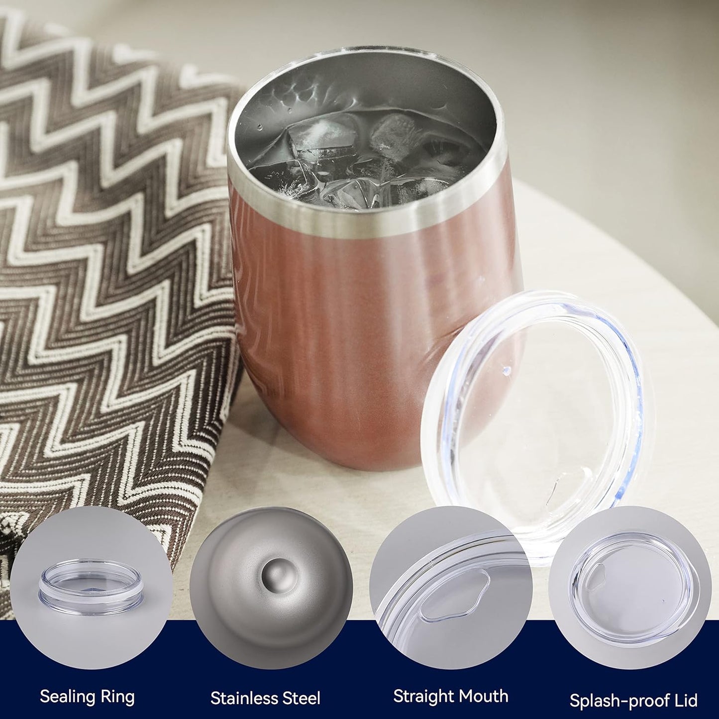 DOMICARE Stainless Steel Wine Tumbler Bulk with Lid, Personalized Rose Gold Insulated Tumblers Set, 12oz Travel Coffee Cups Pack of 12