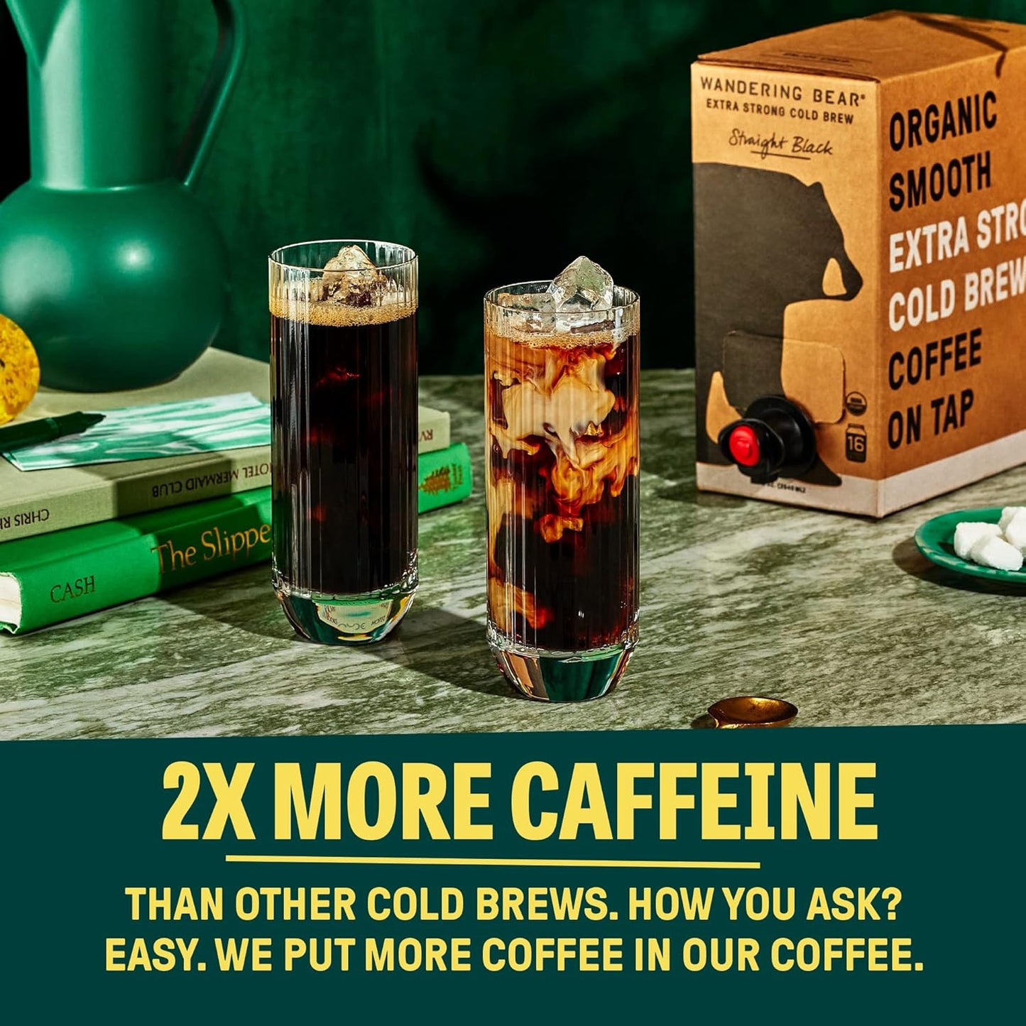 Wandering Bear Straight Black Organic Cold Brew Coffee On Tap, 96 fl oz - Extra Strong, Bold, Smooth, Unsweetened, Shelf-Stable, Ready to Drink, 100% Organic, Iced Cold Brewed Coffee Drinks