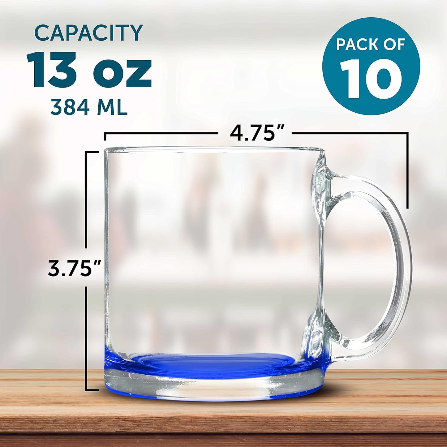 Libbey Clear Glass Coffee Mugs 13 oz. Set of 10, Bulk Pack - Perfect for Coffee, Tea, Espresso, Hot Cocoa, Other Beverages - Blue Bottom