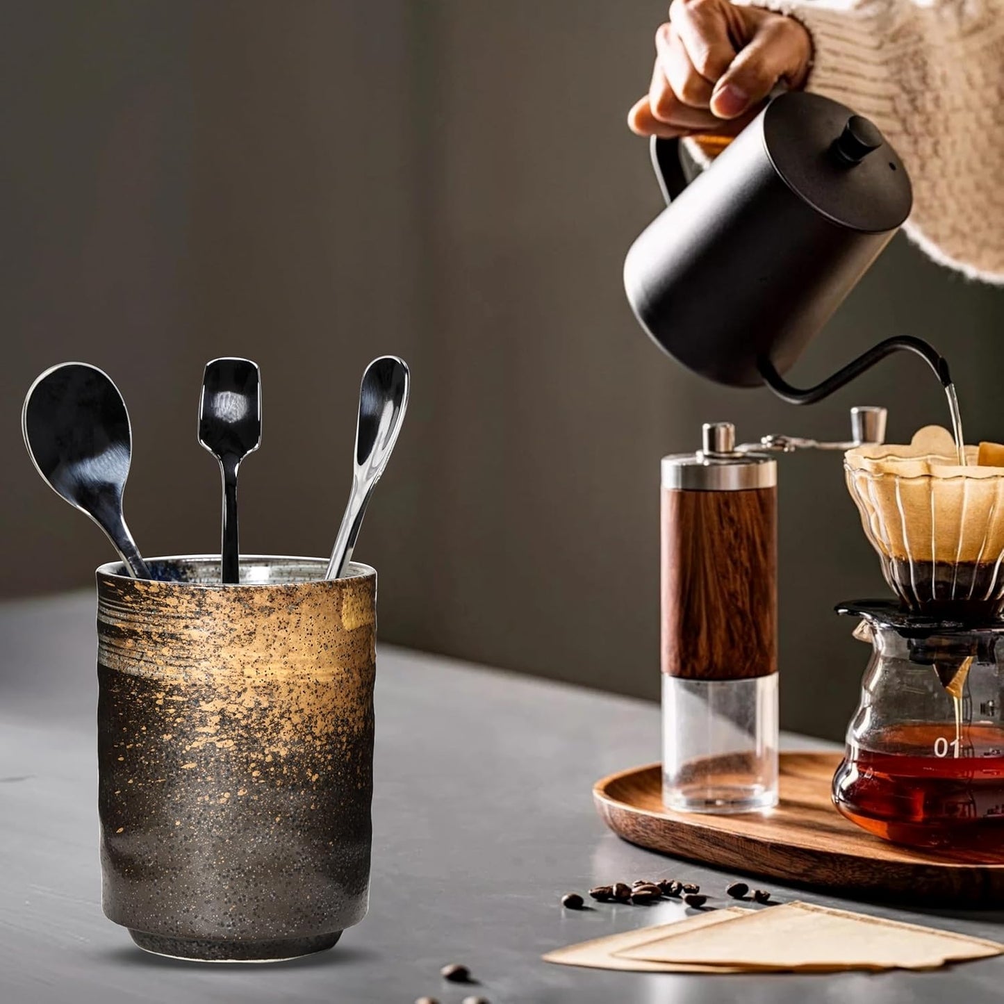 Ceramic Spoon Holder for Coffee Bar, Upright Tea Spoon Holder Cup, Coffee Stirrers Straws Stir Stick Holder, Frost on Brown Earth