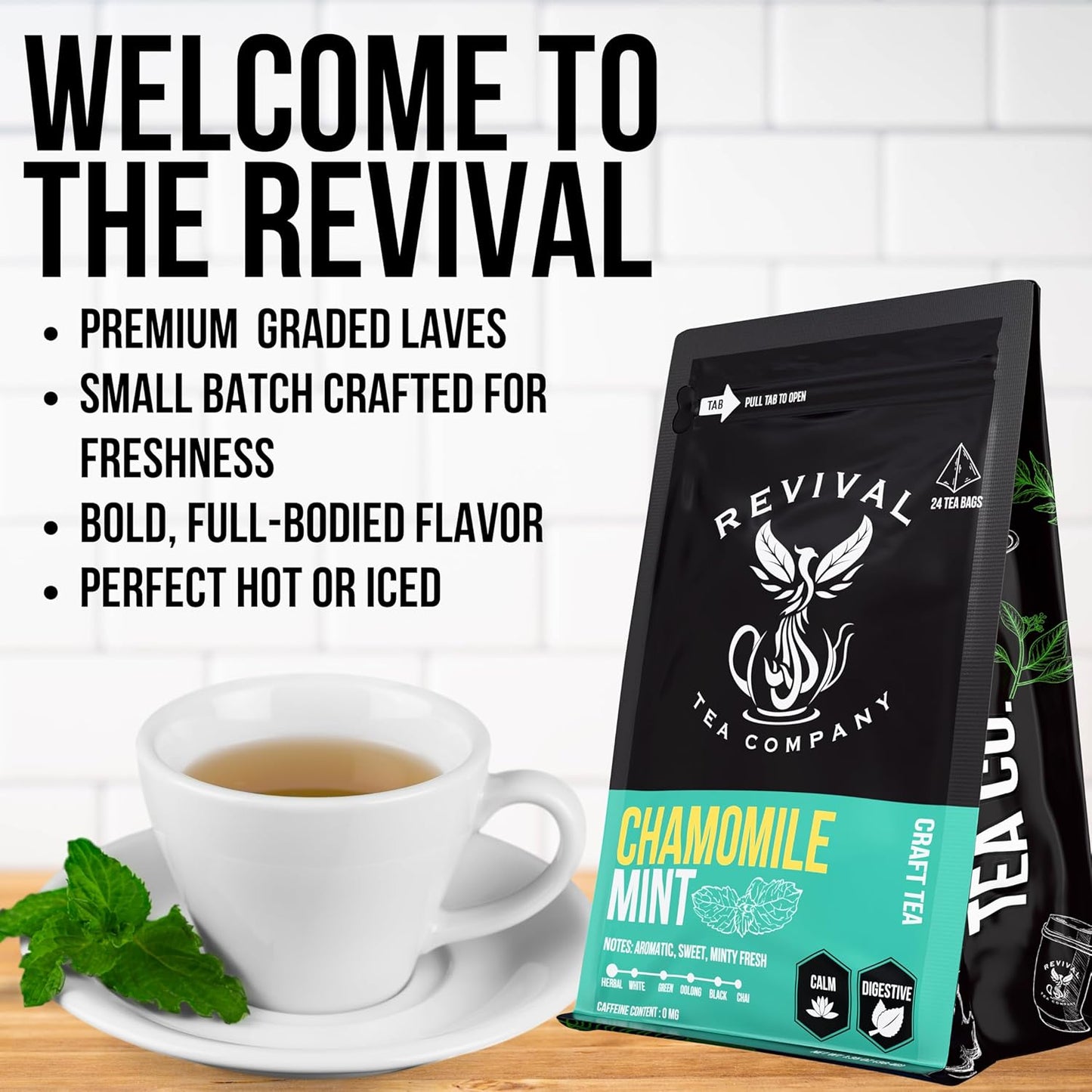 Revival Tea Company Chamomile Mint Tea - Herbal Tea Blend of Chamomile Flowers and Peppermint Leaf - Caffeine Free - 24 Tea Bags