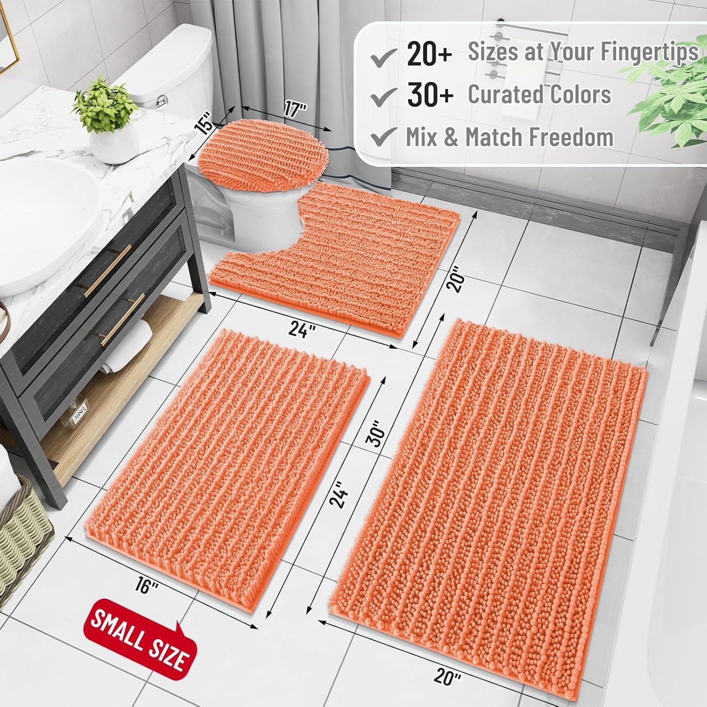 Arotive Luxury Chenille Bathroom Rug Mat, Extra Soft Thick Absorbent Shaggy Bath Rugs, Non-Slip Machine Wash Dry, Plush Bath Mats for Bathroom, Shower and Tub, 60x24, Coral