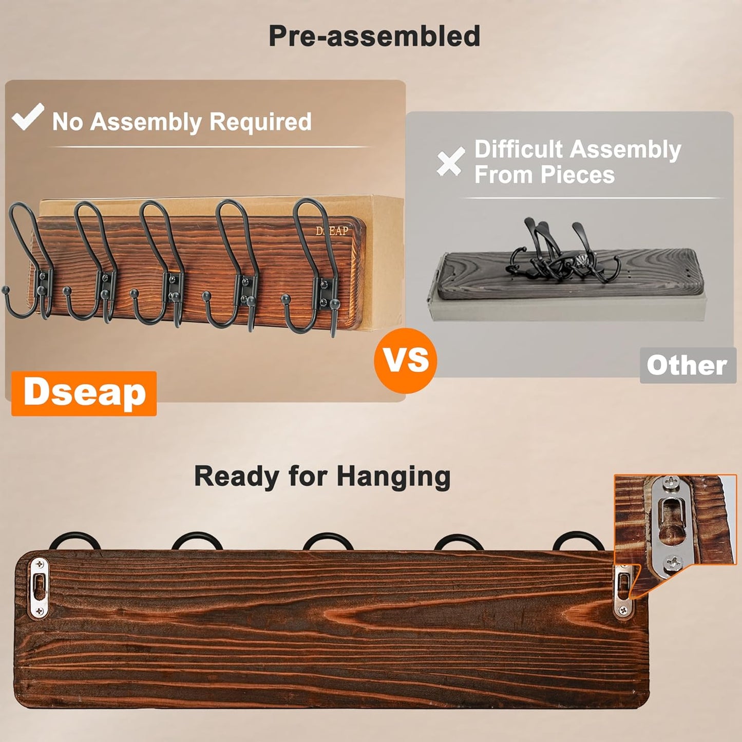 Dseap Coat Rack Wall Mounted - Heavy Duty Farmhouse Rustic Wall Coat Hanger with 5 Wire Hooks for Clothes Hat Jacket Towel, RusticWire, J1-5A, Whitewash & Black, Pack of 2
