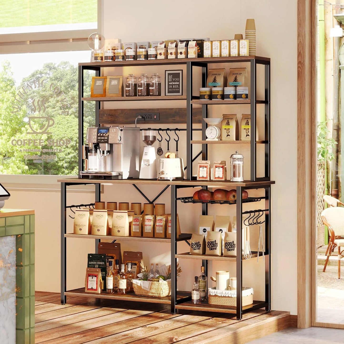 SUPERJARE Larger Bakers Rack with Power Outlets, 6-Tier Microwave Stand, Coffee Bar with 12 S-Shaped Hooks, Kitchen Shelf with Wire Basket, 47.2 x 15.5X 66.9 Inches, Rustic Brown