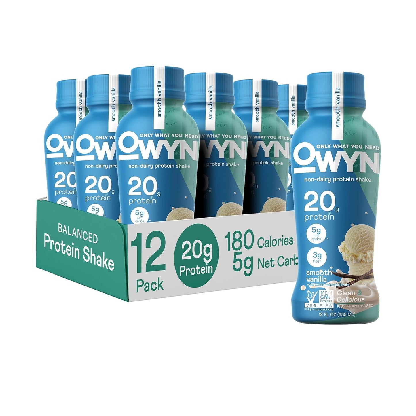 OWYN Only What You Need Plant Based Protein Shake, 20g Vegan Protein from Organic Pumpkin seed, Flax, Pea Blend, Prebiotic supplement, Superfood Greens, all-in-one nutrition, Gluten & Soy-Free (Vanilla, 12 Pack)