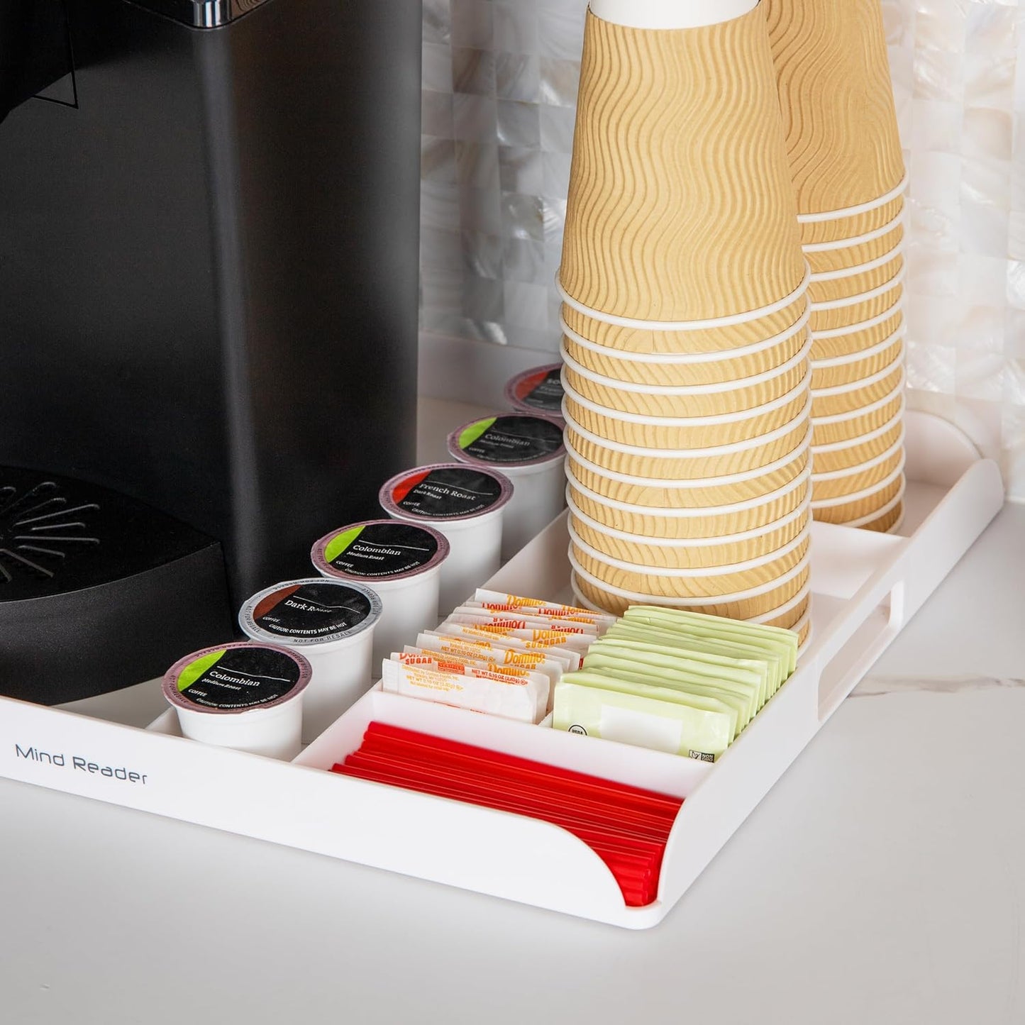 Mind Reader Coffee Station Serving Tray, 7 Pod Capacity Countertop Organizer, Storage, 17.5" L x 13.25" W x 1.25" H, Single, White