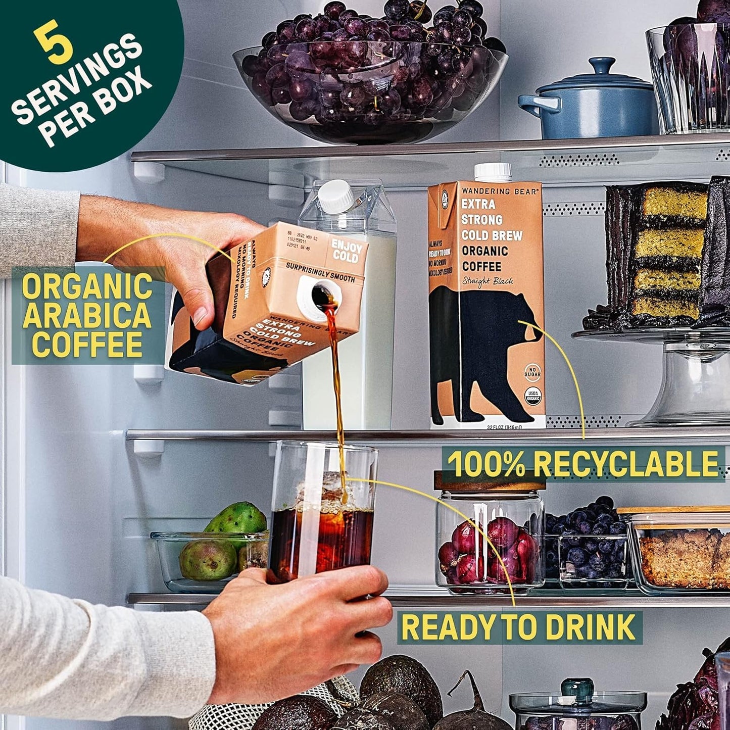 Wandering Bear Espresso Roast Organic Cold Brew Coffee, 32 fl oz, 6 pack - Extra Strong, Bold, Smooth, Unsweetened, Shelf-Stable, Ready to Drink, 100% Organic, Iced Cold Brewed Coffee Drinks