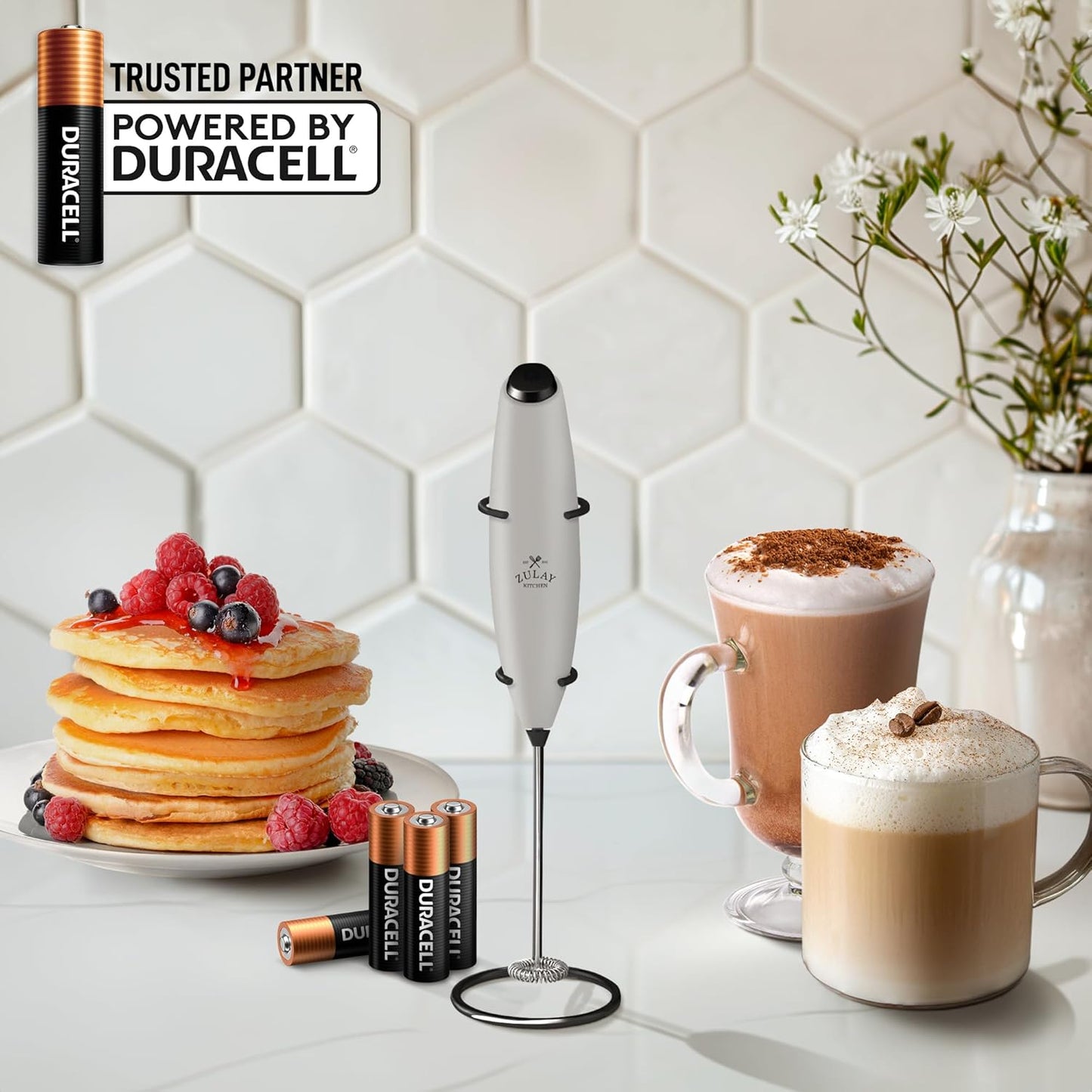 Zulay Powerful Milk Frother (4 Duracell Batteries Included) - Handheld Milk Frother Wand Drink Mixer for Coffee - Powerful Milk Foamer for Cappuccino, Frappe, Matcha - Exec Grey/Black/Black Stand