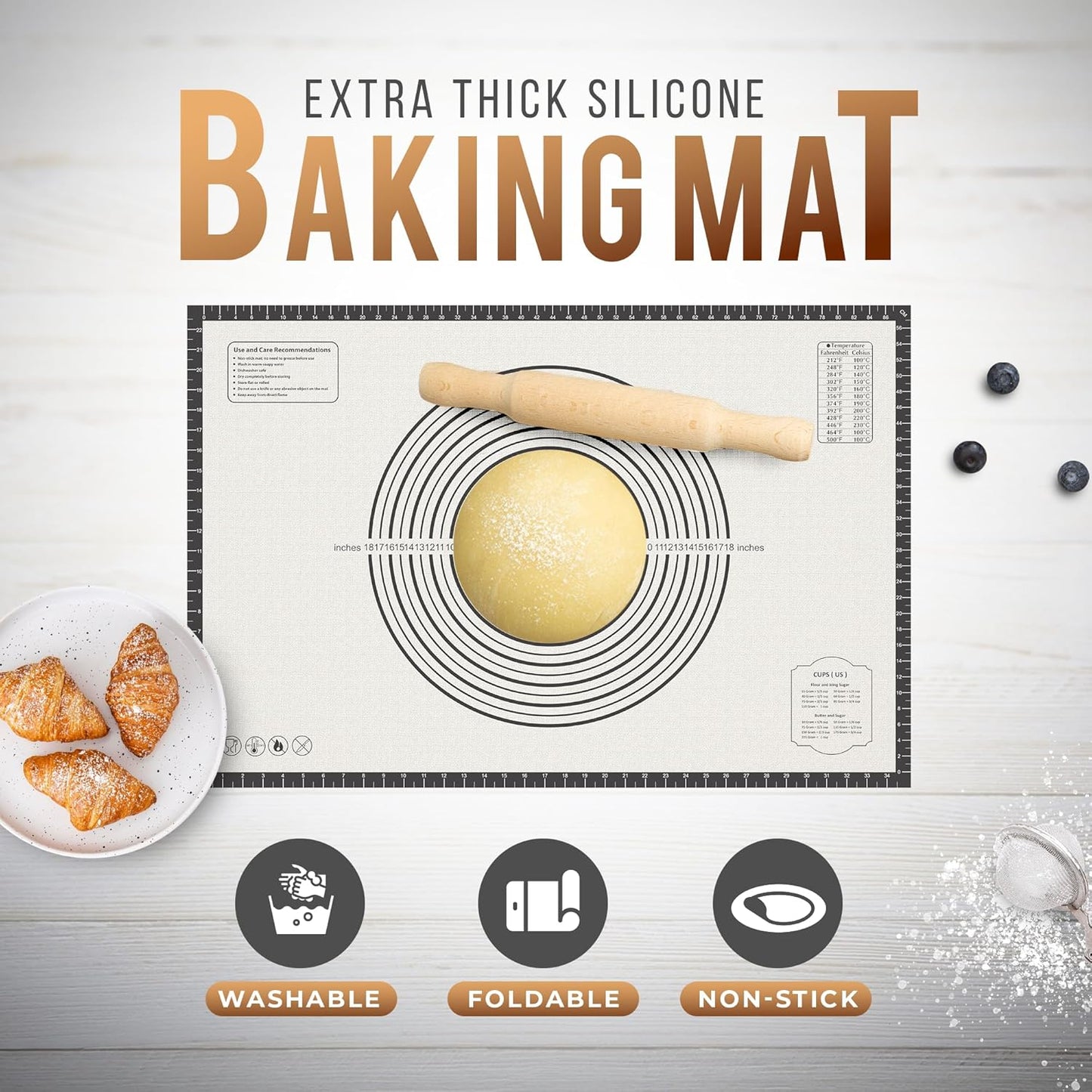 28 * 20 inches black, Non-Slip Silicone Baking Sheets - Baking Mat with 0.7mm Thickness - Non-Stick Pastry & Cookie Mat for Kitchen Counter for Rolling Out Dough with Measurements.