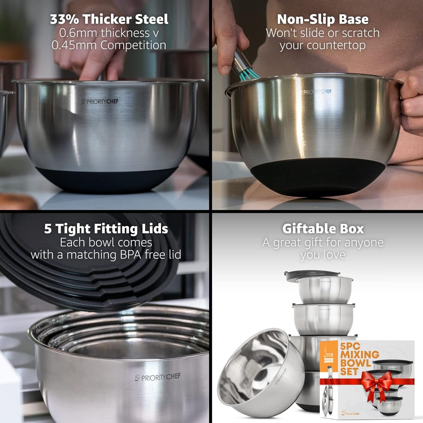 Priority Chef Premium Mixing Bowls With Lids Set, Airtight Lids, Thicker Stainless Steel Mixing Bowl Set, Large Prep Metal Bowls, Nesting Bowls for Kitchen, 1.5/2/3/4/5 Qrt, Black