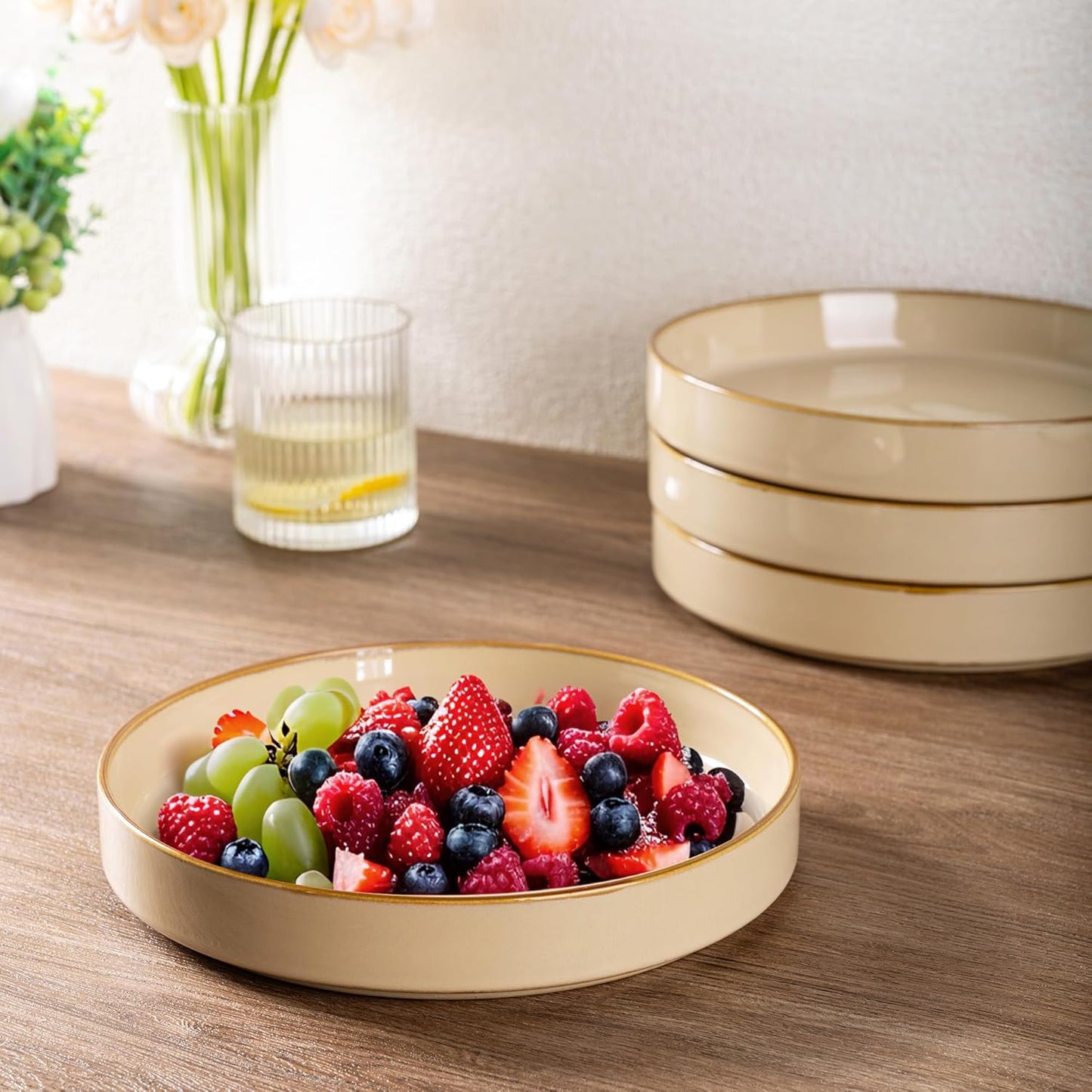 GBHOME 9'' Large Ceramic Pasta Bowls, 32oz Stoneware Pasta Serving Bowls Set of 4 for Kitchen, Wide Bowls for Fruit,Pasta,Salad,Oatmeal,Meal, Microwave Safe, Reactive Glaze-Warm Sand