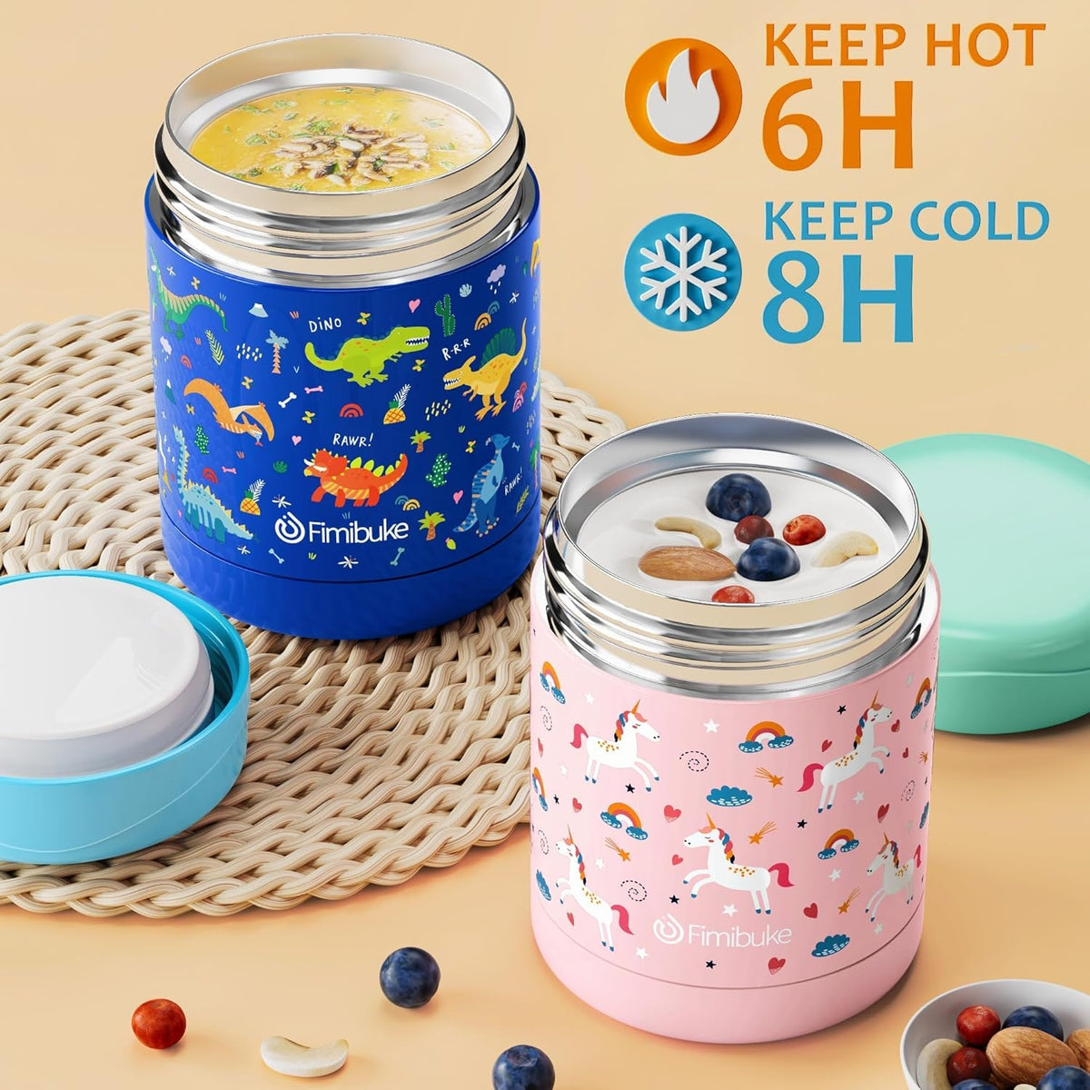 Fimibuke Insulated Kids Food Jar, 12 OZ BPA FREE Wide Mouth Stainless Steel Vacuum Thermos for Hot Cold Food for School Travel Leakproof Toddler Boy Girl Lunch Container Snack Cup for Fruits Veg Soup