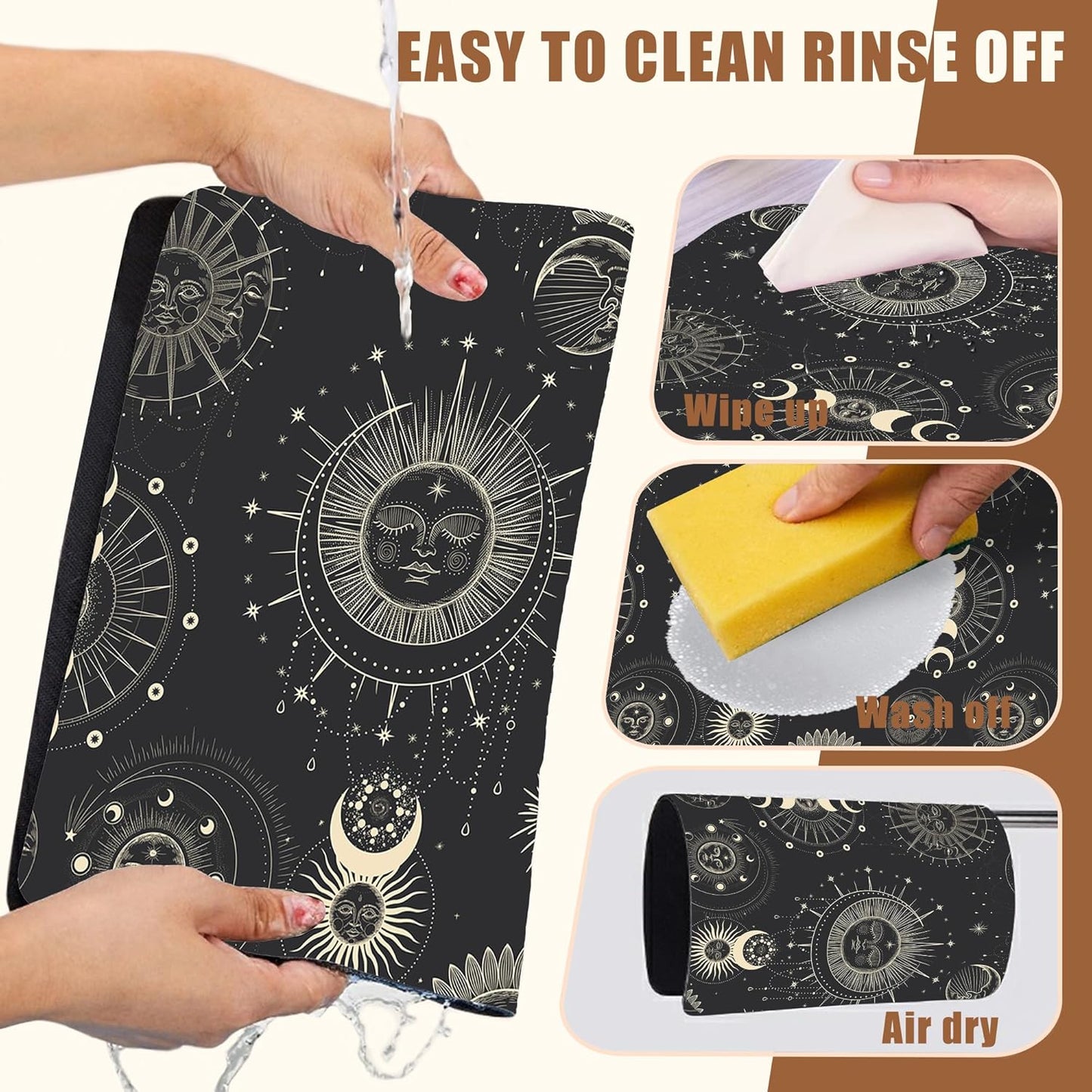 Moon Sun Zodiac Coffee Mat Absorbent Astrology Dish Drying Mat for Kitchen Counter Hide Stain Rubber Backed Coffee Bar Accessories Fit Under Espresso Machine, 11.8 x 19.7 Inch