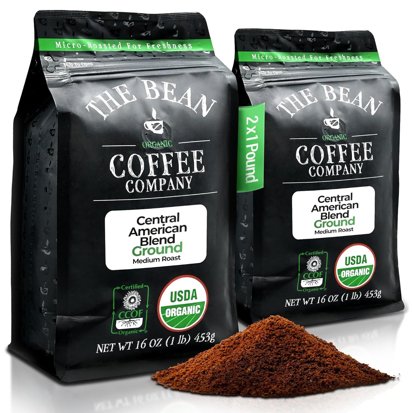 The Bean Organic Coffee Company Central America, Medium Roast, Ground Coffee, 16-Ounce Bags (Pack of 2), Café molido tostado orgánico