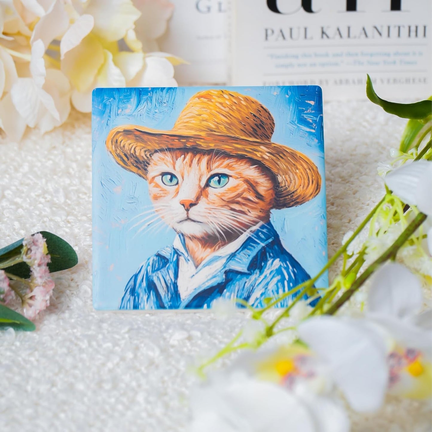 Ceramic Coasters Set of 4 – Square Drink Coasters with Cork Backing, 3.9x3.9 Inches – Decorative Printed Designs for Home, Office, or Gift Use (Starry Cats)