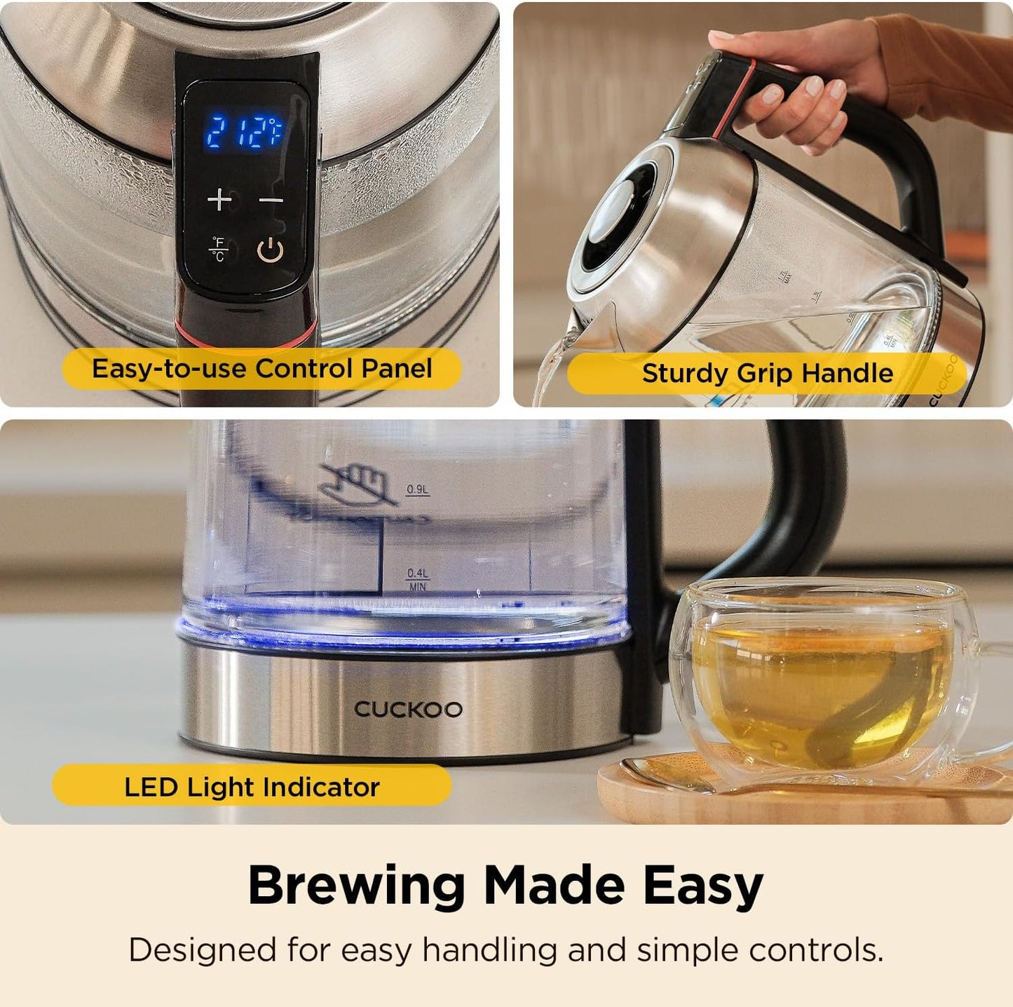 CUCKOO Electric Tea Kettle with Infuser, Glass Electric Kettle with Multi-Temperature Control, Easy to Read LED Lights, 1.7 Liter Capacity Tea Maker Pot (CK-G170BS)