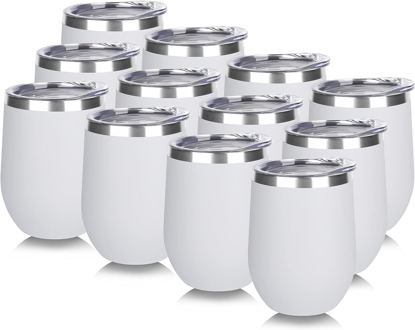 DOMICARE Stainless Steel Wine Tumbler Bulk with Lid, Personalized White Insulated Tumblers Set, 12oz Travel Coffee Cups Pack of 12