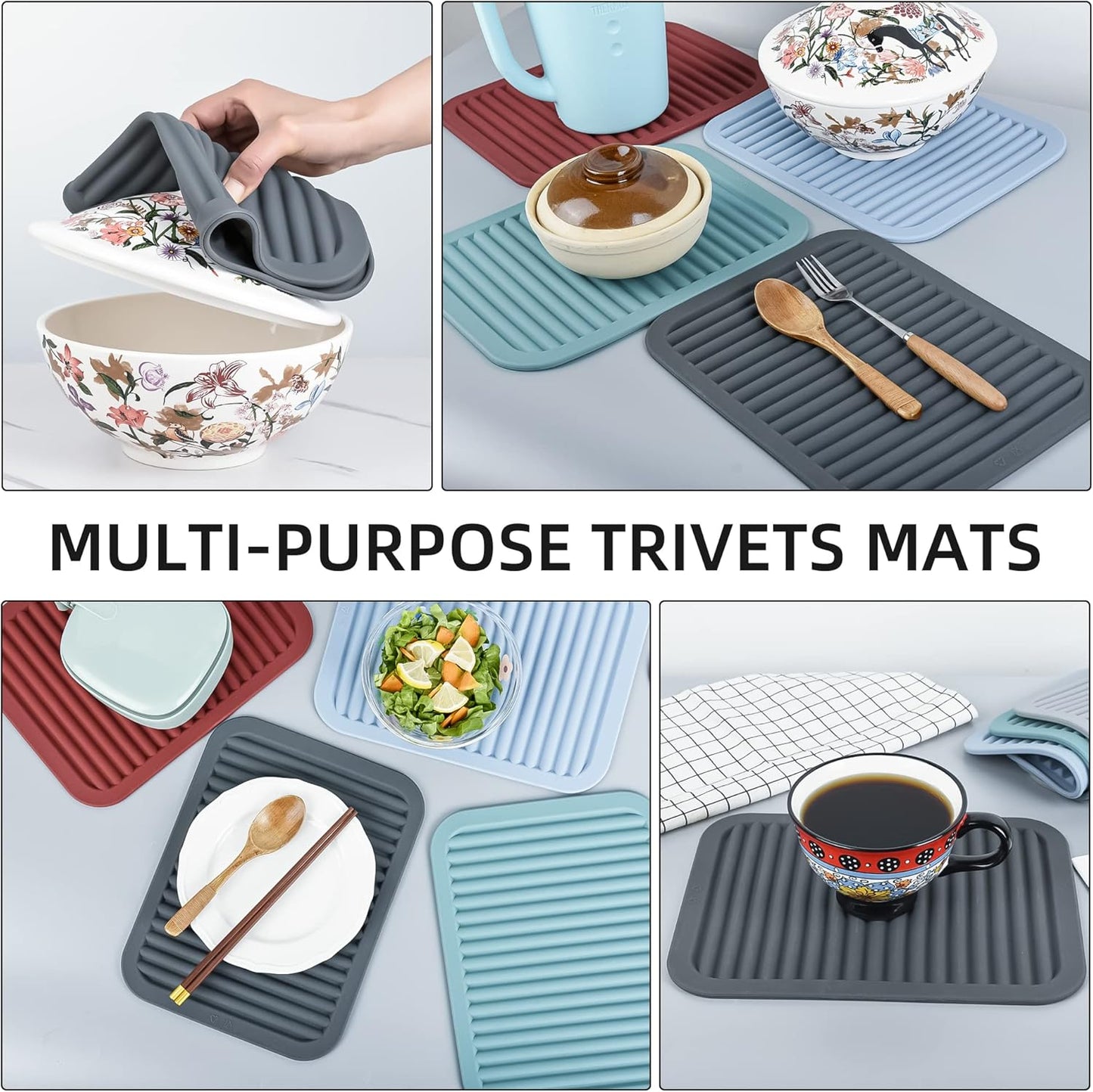 Trivets for Hot Dishes, Silicone Trivets for Hot Pots and Pans, Heat Resistant Hot Pads for Kitchen Counter, 2 Pcs Multi-Purpose & Versatile Trivet Mat (9"x12")(Light Grey)
