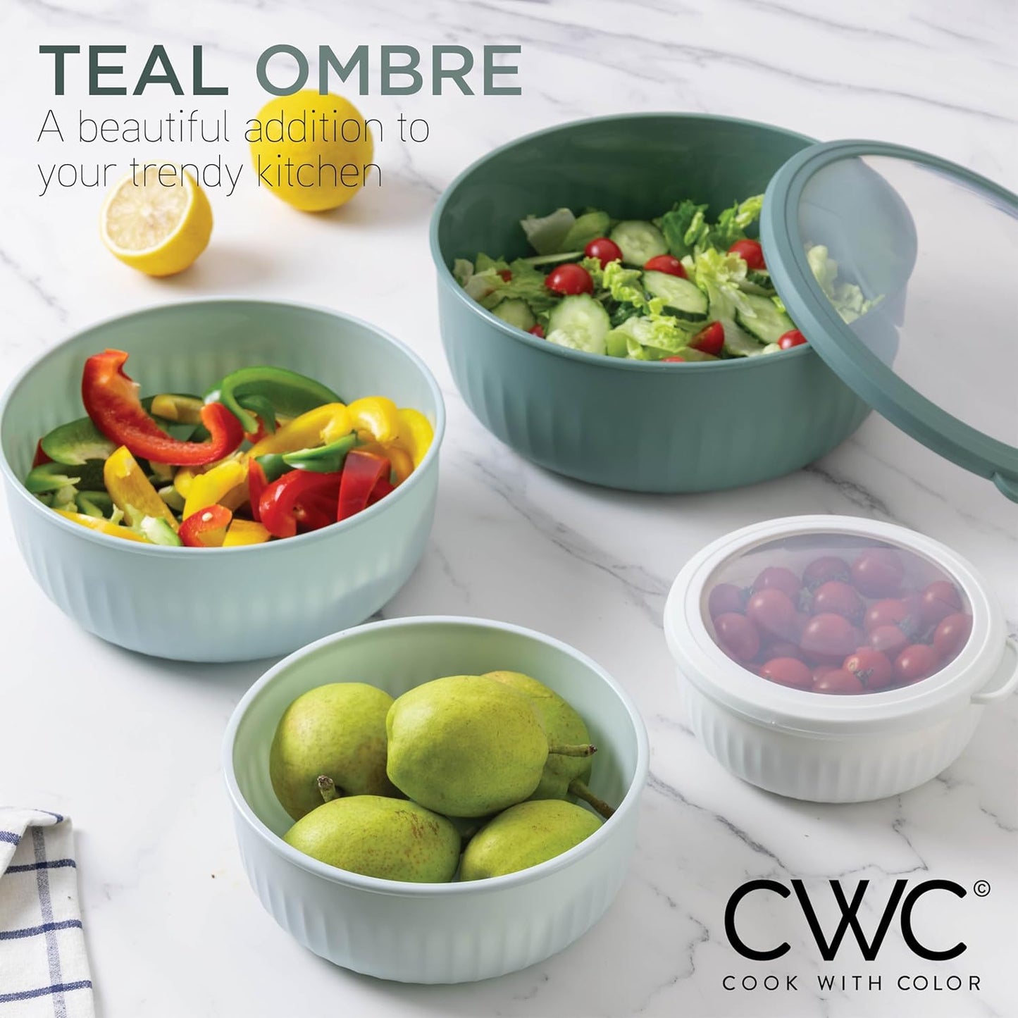 COOK WITH COLOR Prep Bowls with Lids- Wide and Deep Nesting Plastic Small Mixing Bowl Set with Lids, 12 Piece Set - Wide Bowls, Teal