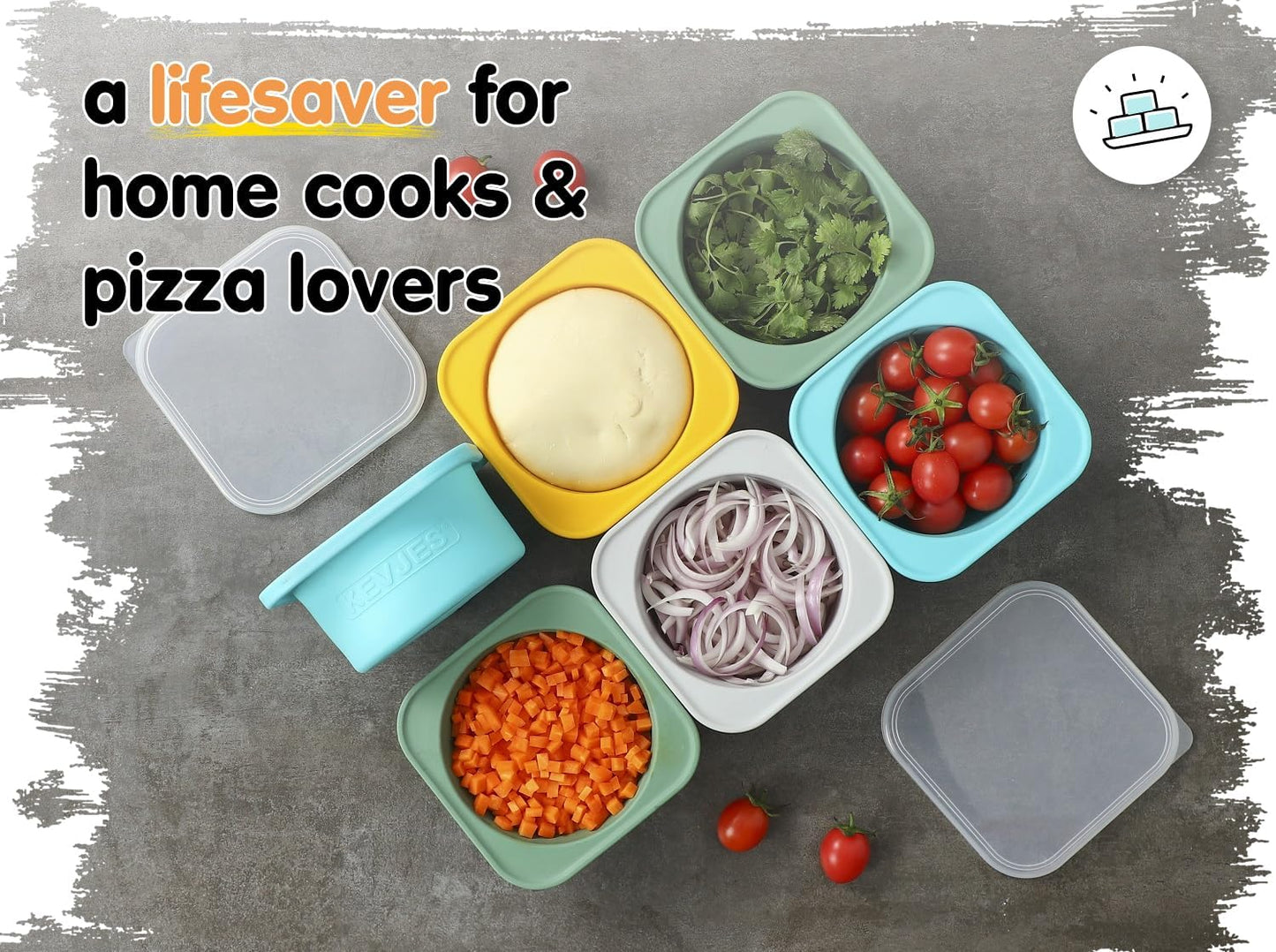PLUS-Large 1000ml Pizza Dough Proofing Boxes for DIY Artisan Pizza, Food Grade Silicone Stackable Containers with Lids. Freezer, Fridge, Dishwasher Safe (5Space Grey Plus)
