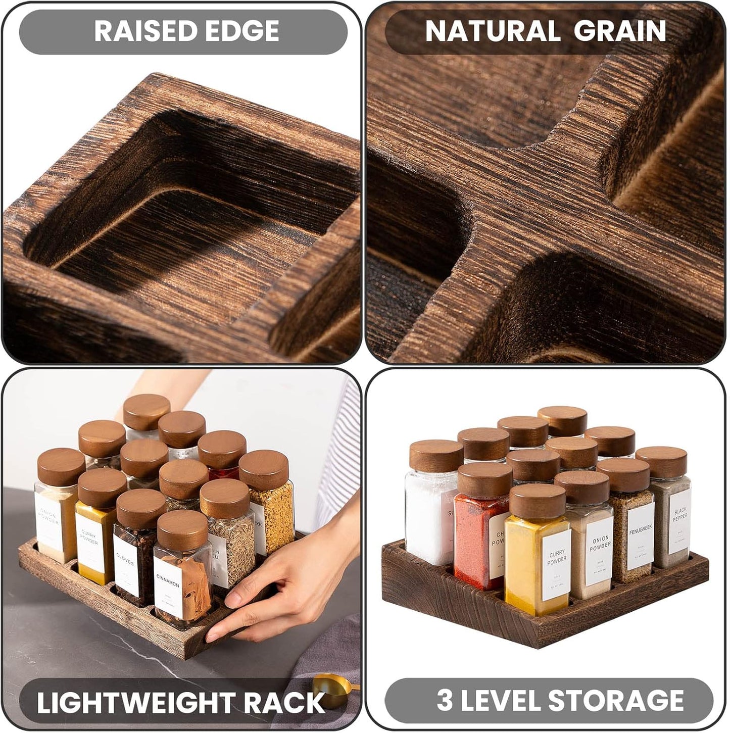 Yangbaga 24Pcs Glass Spice Jars with Labels-4oz Acacia Wood Lid Square Spice Containers and 2pcs Rack with Pepper Grinder Lids &Funnel,Seasoning Jars for Rack Cabinet Drawer