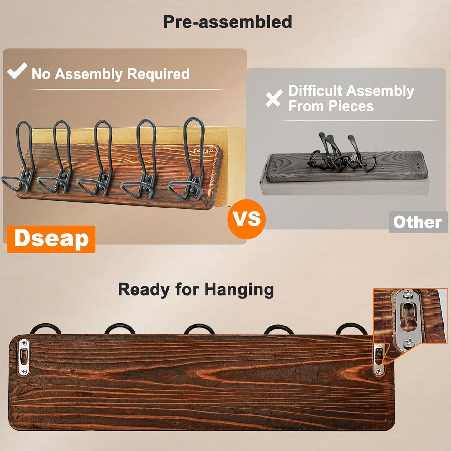 Dseap Coat Rack Wall Mounted - Heavy Duty Farmhouse Rustic Wall Coat Hanger With 5 Wire Hooks for Clothes Hat Jacket Towel, RusticWire, G25A, Whitewash & Black, Pack of 2