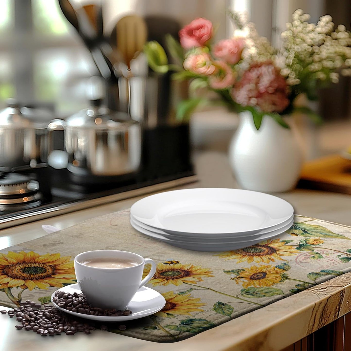 Spring Summer Dish Drying Mat Sunflower Kitchen Dish Drying Pad Absorbent Vintage Drying Mat for Countertops Dish Dryer Mat Microfiber Dishes Drainer Pad Dish Drying Rack Mat (18x24 in)