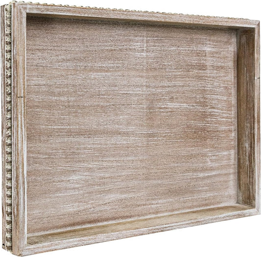 Wooden Decorative Tray, Rectangular Serving Tray with Wood Bead, Farmhouse Big Tray for Ottoman, Countertop, Coffee Tabl, 16.5" x 13"x 1.6" (White Washed)