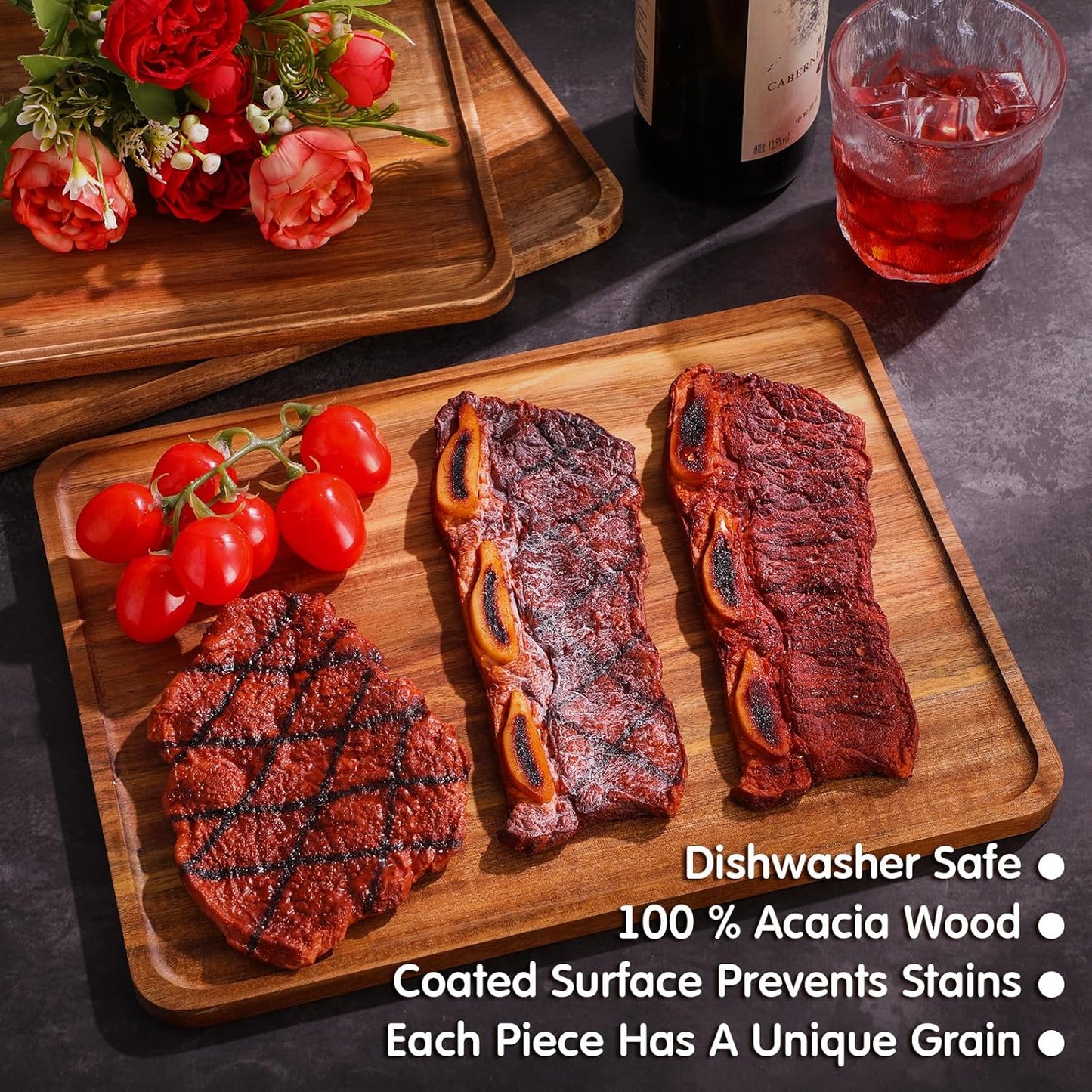 Roowest 5 Pack Solid Acacia Wood Serving Trays for Laser Engraving Rectangular Wooden Board for Food Appetizer Serving Tray Plates for Vegetables Fruit Cheese Housewarming Gifts(14 x 10 Inch)