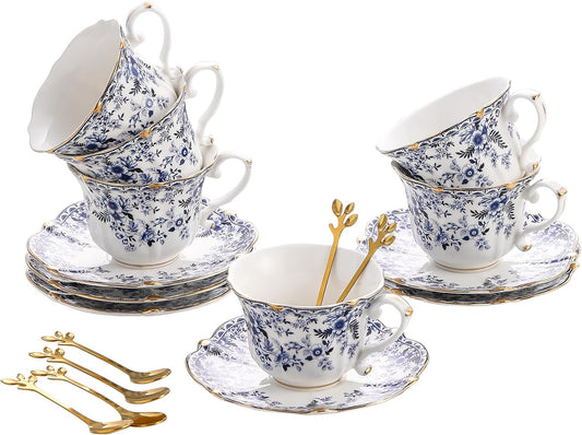 TATSUMI Country Roses 18 Peices Bone China Tea Cup And Saucer Set, English Vintage Tea Cups Of 6 For Women And Tea Party Sets